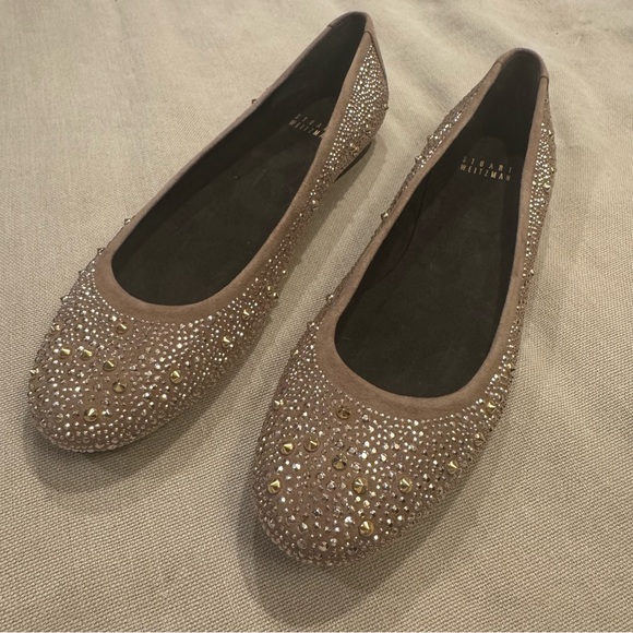 Stuart Weitzman Shoes - STUART WEITZMAN Crystal Embellished Suede Ballet Flats - Taupe - Size 9